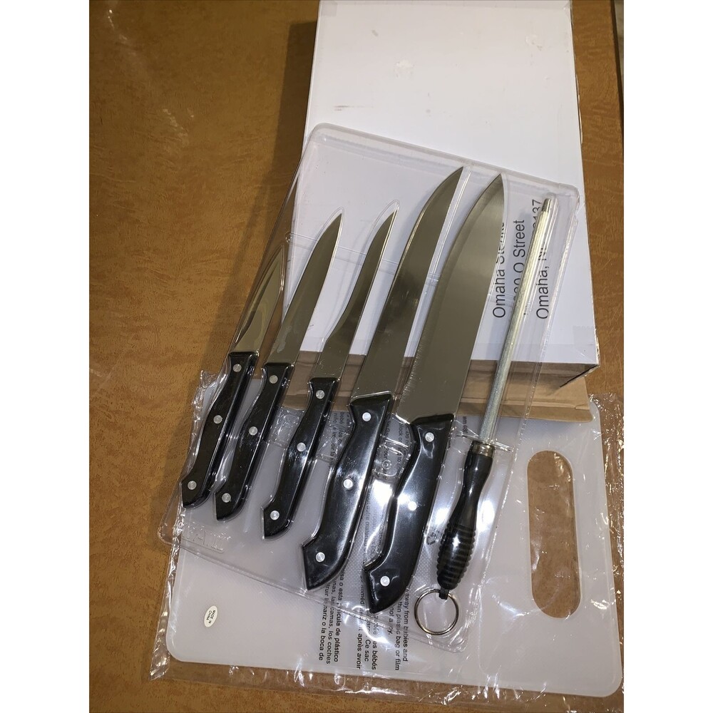 NIB Omaha Steak KNIFE SET 7 Pc Cutlery Set cutting board 5 Knives and Sharpener